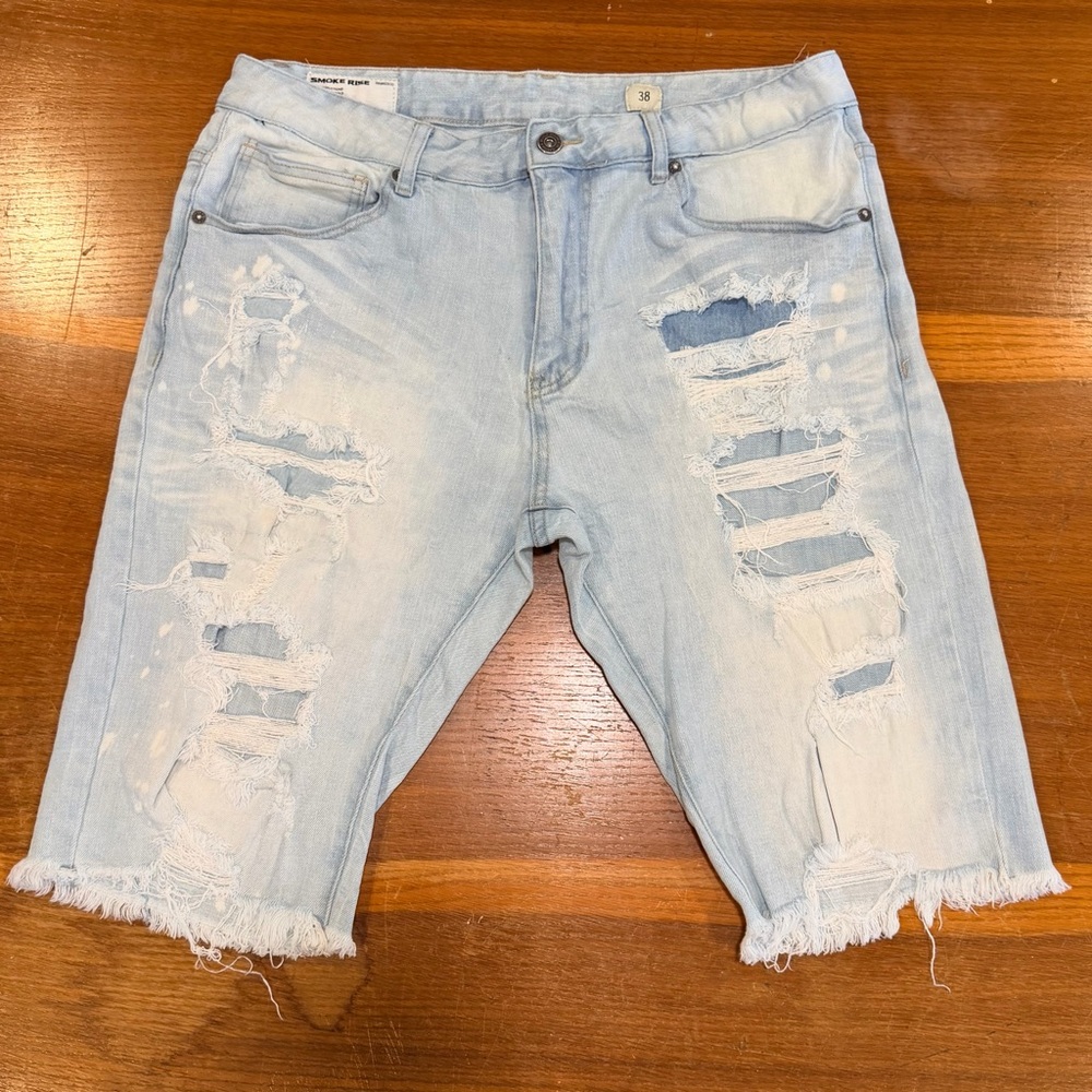 Streetwear Distressed Light Blue Jean Shorts for Men Smoke Rise Stretch